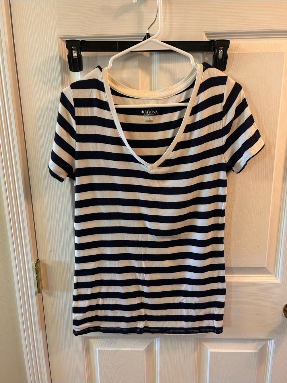 Merona Navy & White Striped V-Neck Short Sleeve Tee
